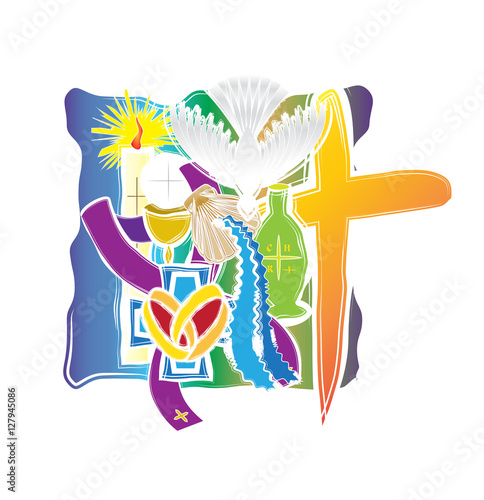 Symbols of the seven sacraments of the Catholic Church. Abstract artistic modern color vector religious illustration.