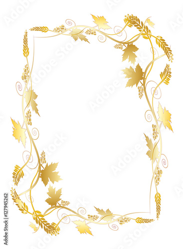 Eucharist symbols wheat ears and vine. FIrst communion christian color vector illustration, ornamental decorative frame with copy space for text.