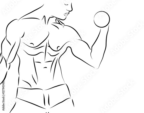 Fit young man with beautiful torso, isolated on white background,Sexy lineart Hand drawing. Vector illustration.