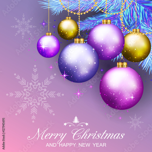 Christmas purple background with fir branches and balls. Vector illustration