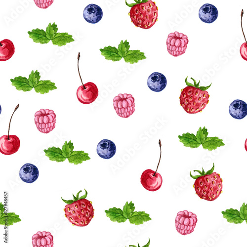 Fototapeta Naklejka Na Ścianę i Meble -  seamless pattern with watercolor berries and mint