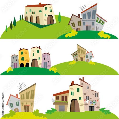 Old style houses set: different residences, tall and small, for small towns and rural villages. Vector image, isolated on white background.