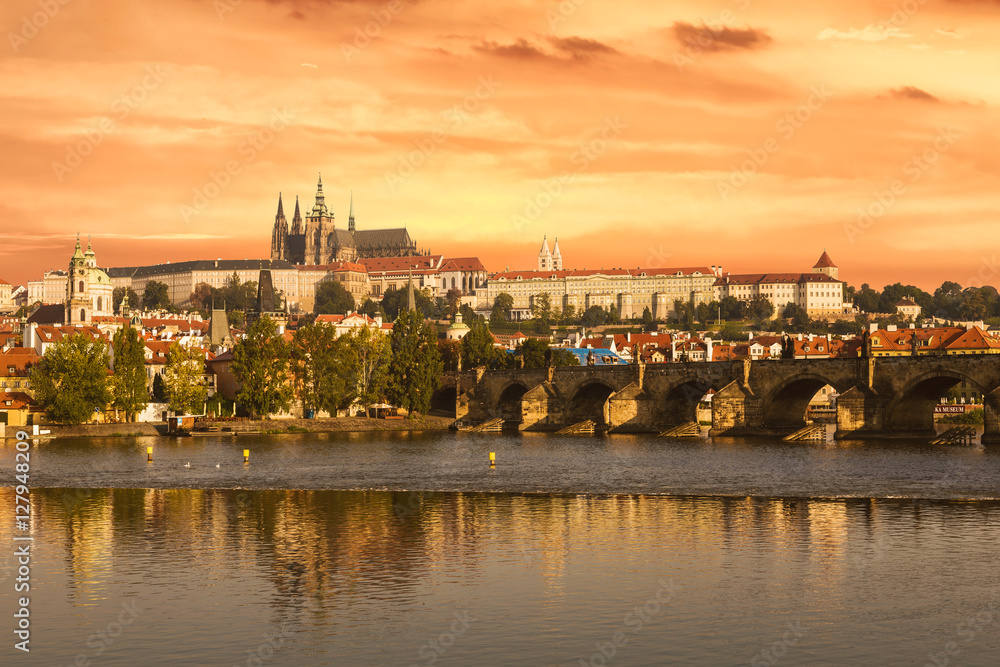 Charles bridge and Prague castle at dawn