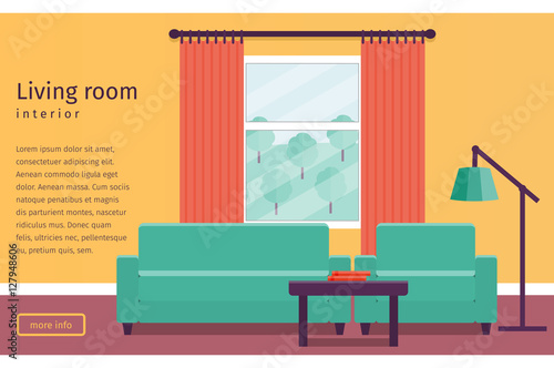 Banner of colorful living room interior with window in flat design. Background. Vector illustration.