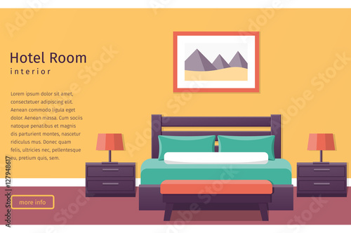 Banner of hotel room interior in flat style. Bedroom design. Background. Vector illustration.