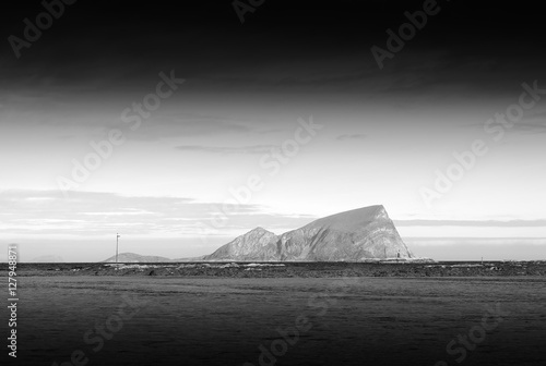 Black and white Norway island landscape background