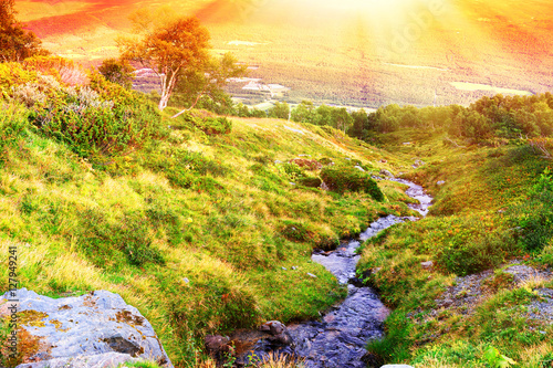 Photography Norway mountain stream with light leak background