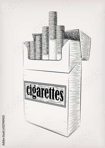 РЎigarettes cigarette pack cardboard box full smoking sign signboard label smoke. Vector vertical beautiful side view close-up design illustration drawn black pen outline isolated gray background