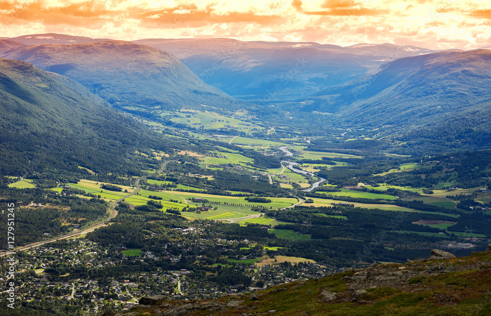 Oppdal mountain valley sunset background