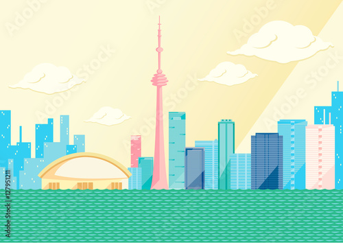 Toronto skyline by day, flat vector illustration. On the seaside, some of the tallest skyscrapers in the Canadian city: CN tower, first Canadian Place, the skydome. Clouds and long shadow, yellow sky