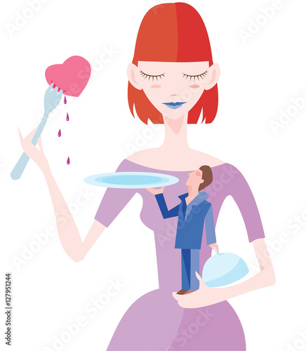 Giant woman eating his admirer heart: the man is serving up his unrequited love on a plate. Friend zone, heartlessness, unhappy love story, courtship, betrayal, divorce concept. Isolated vector image.