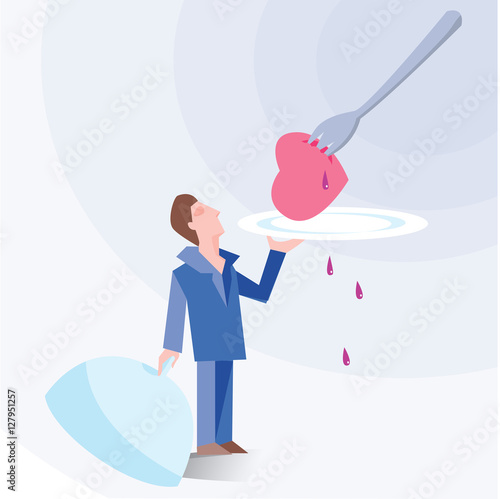 Giant fork pierces the heart a man is serving up on a plate: vector illustration for unrequited love, heartlessness, being in love with somebody who does not have mutual feelings, friend zoned concept