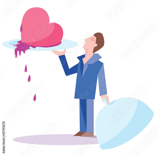 A man serving up his giant heart on a silver plate: illustration for unrequited love, act of love or loving proof concept. Vector image isolated on white background. 