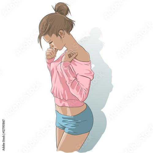 Beautiful athletic young woman with slim gorgeous body in the pink shirt and little shorts posing on the white background, diet and fitness. Vector illustration