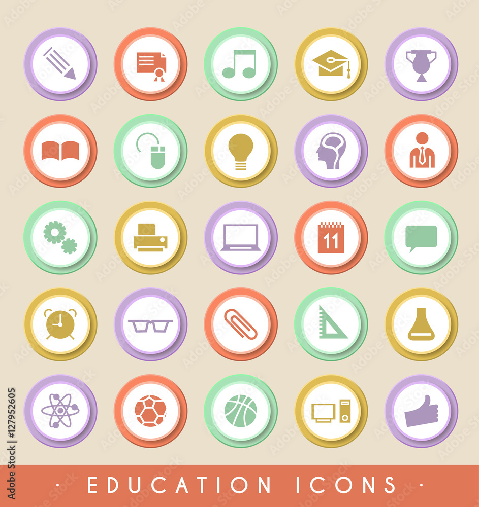 Set of Education Icons on Circular Colored Buttons. Vector Isolated Elements. Set of Education Icons on Circular Colored Buttons. Vector Isolated Elements.