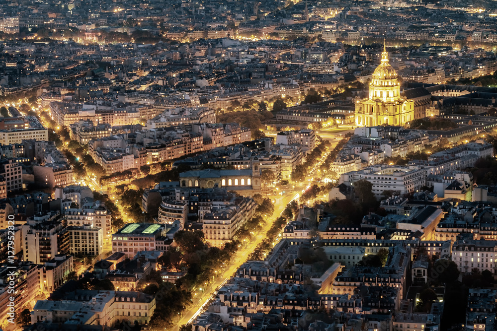 Aerial view of Paris, France at night.