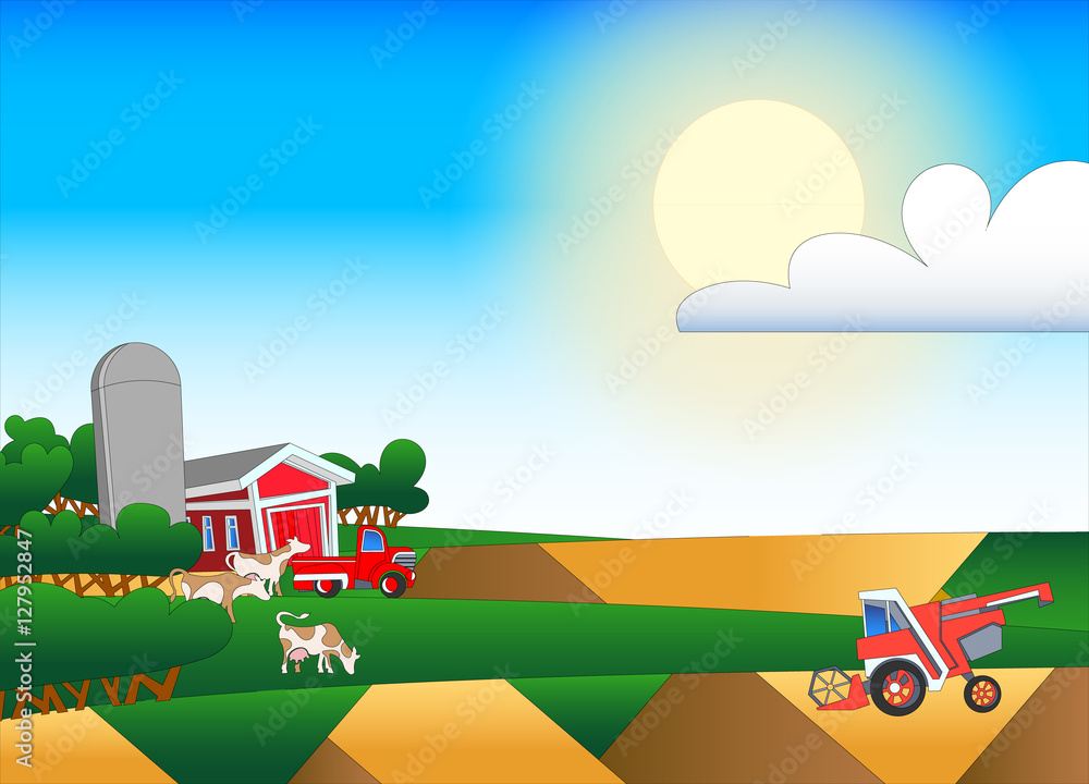 Cartoon illustration of farmland with buildings and flock