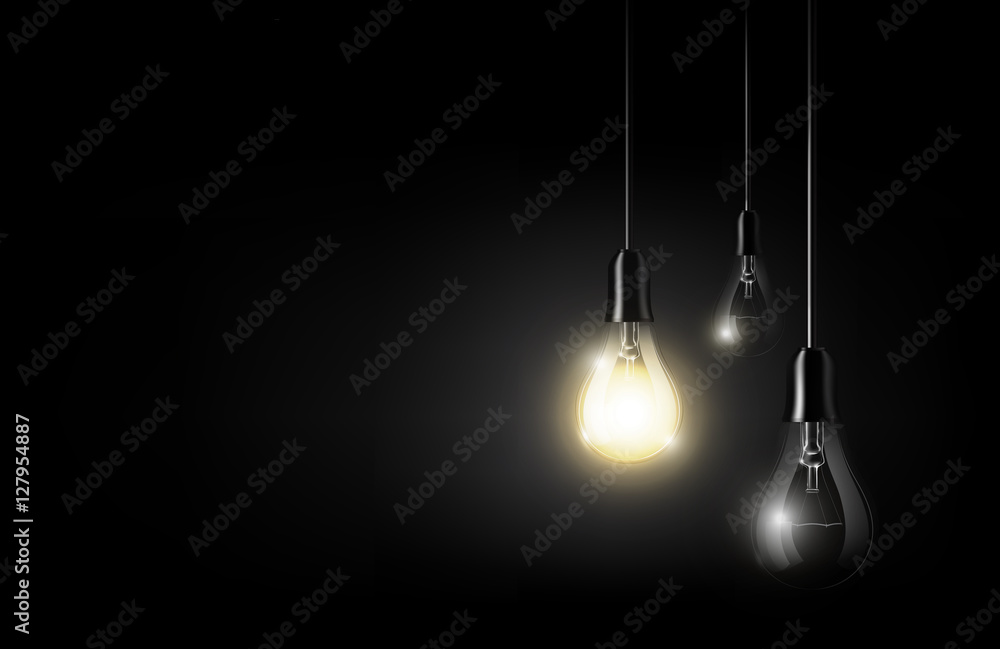 Glowing light bulb is hanging between a lot of turned off light bulbs on dark black background, copyspace, transparent vector Glowing light bulb is hanging between a lot of turned off light bulbs on dark black background, copyspace, transparent vector