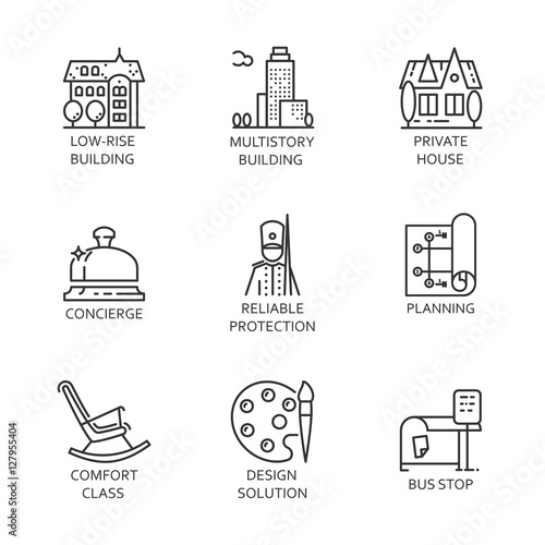 Set of nine icon city and service concept. Urban symbols