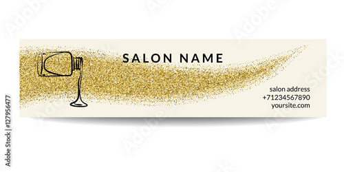 Nail polish banner with golden glitter texture. Manicure design with shiny sparkles. Fashion template for beauty salon or nail artist. For magazine and web advertisement. Vector EPS10 illustration.