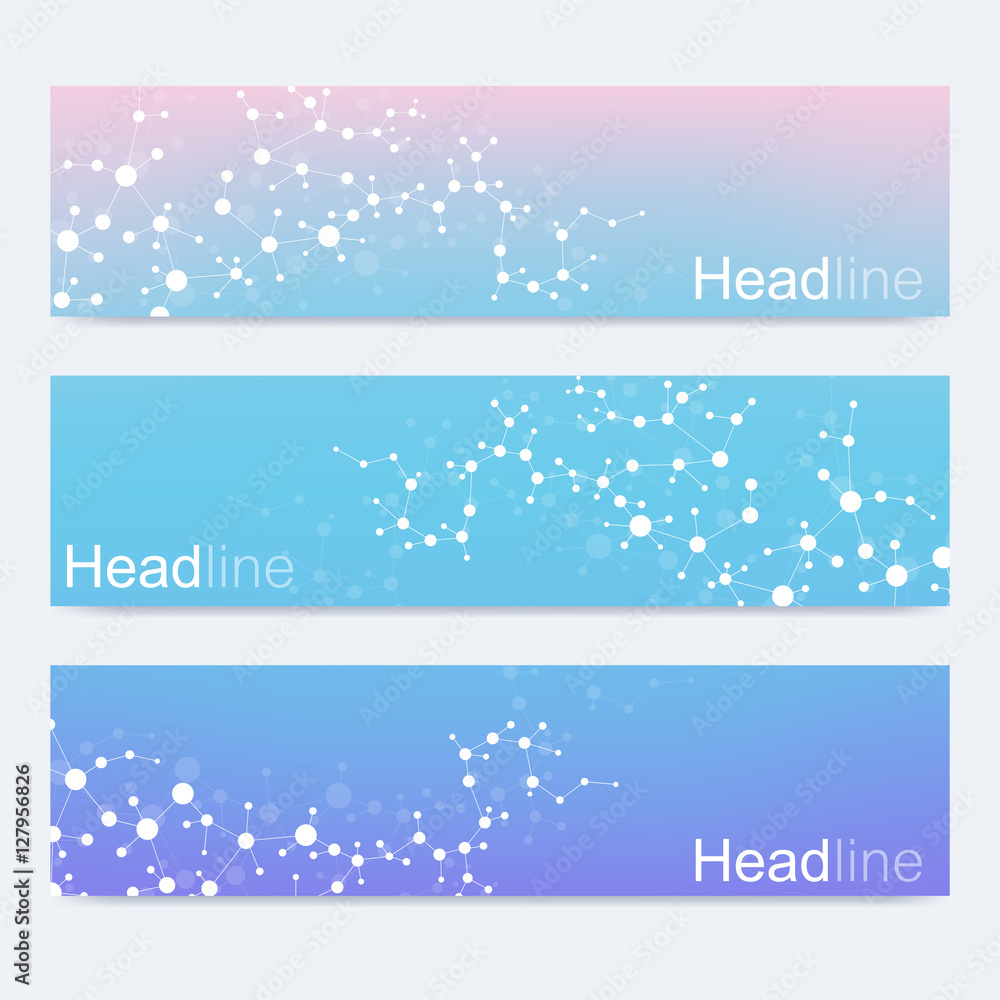 Scientific set of modern vector banners. DNA molecule structure with connected lines and dots. Science vector background. Medical, tecnology, chemistry design. Scientific set of modern vector banners. DNA molecule structure with connected lines and dots. Science vector background. Medical, tecnology, chemistry design.