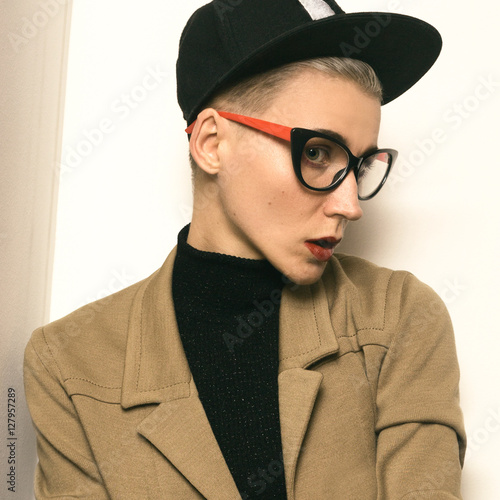 Vintage Fashion Lady Student Beige classic jacket and stylish ac photo