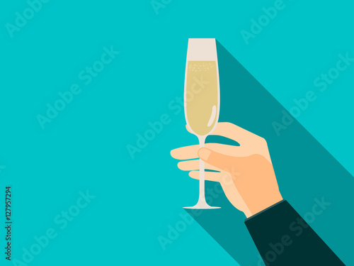 Hand with glass of champagne in flat style. Vector illustration.