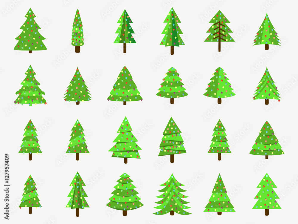 Christmas trees in a flat style. Decorated Christmas Tree. Fir trees isolated on white background. Vector icons. Christmas trees in a flat style. Decorated Christmas Tree. Fir trees isolated on white background. Vector icons.