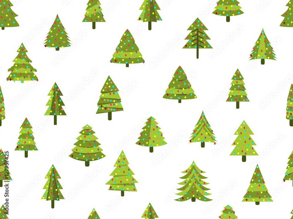 Obraz premium Seamless pattern with Christmas trees in a flat style. Decorated Christmas tree. Vector illustration.
