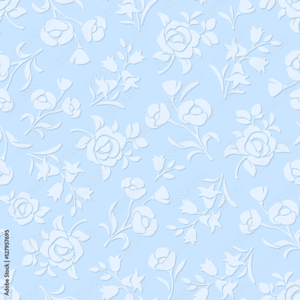 Vector seamless blue embossed floral pattern.
