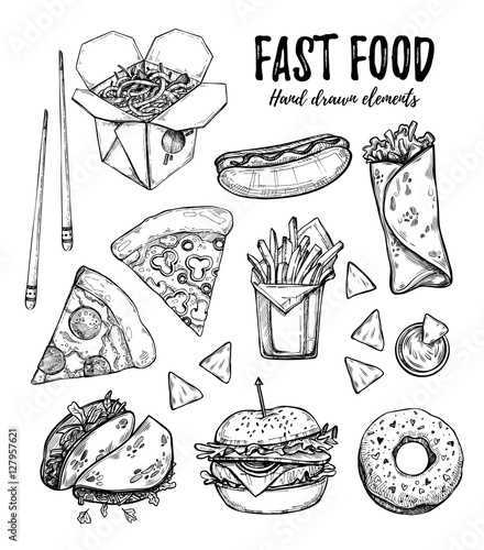 Hand drawn vector illustration - Fast food (hot dog, hamburger,