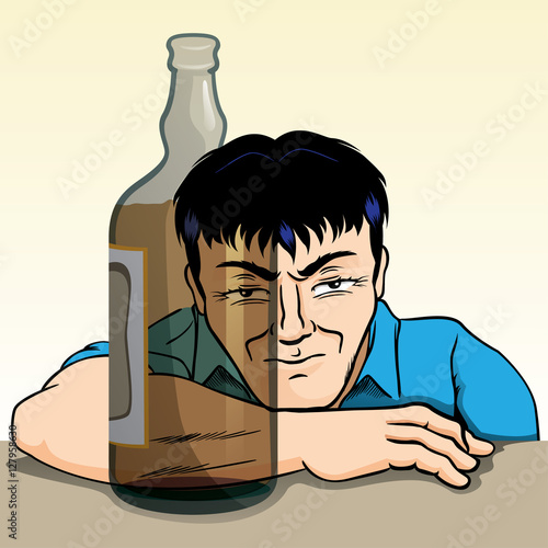 Person drunk, irritated, reflected through the bottle of alcoholic beverage. Ideal for awareness campaigns