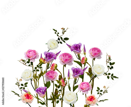 composition of white, pink roses, flowers and leaves isolated on white background. Flat lay, top view. © missty