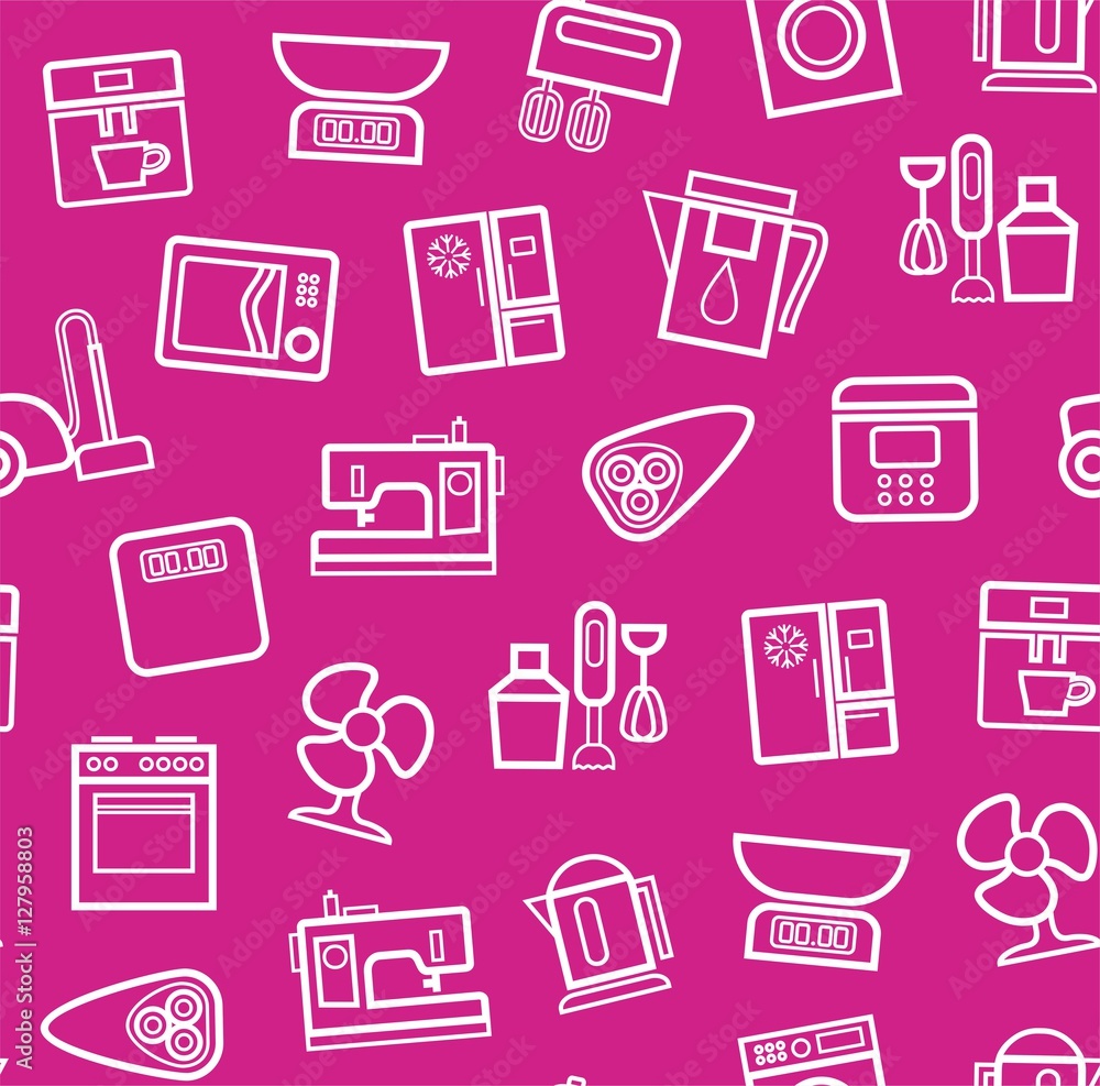 Appliances, background, seamless, pink. Vector white outline icons appliances for home and kitchen on a pink background. Appliances, background, seamless, pink. Vector white outline icons appliances for home and kitchen on a pink background.