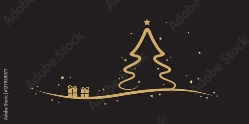 golden christmas tree stars present black background