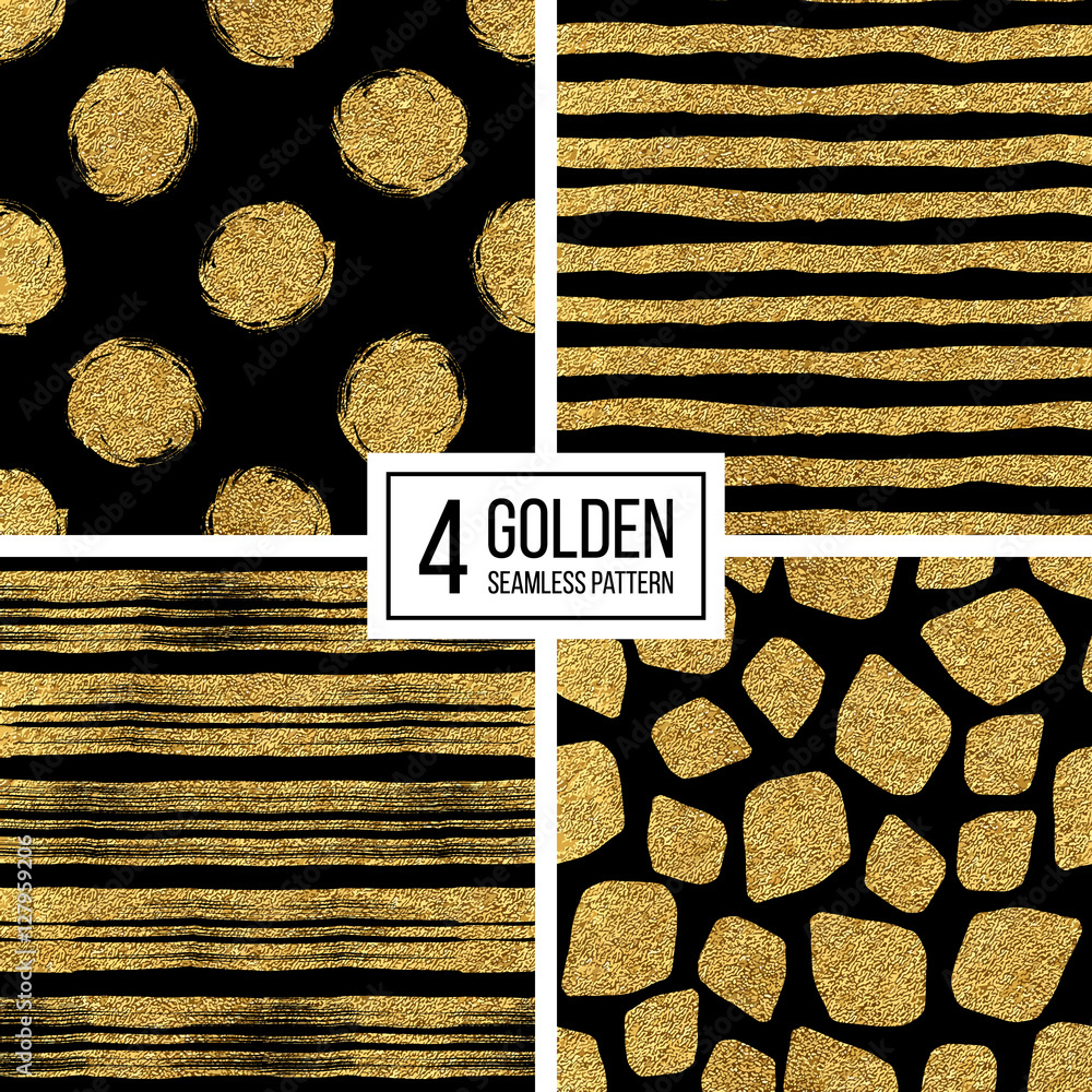 Set of seamless pattern of gold stripes or strokes, polka dots, mosaic ...