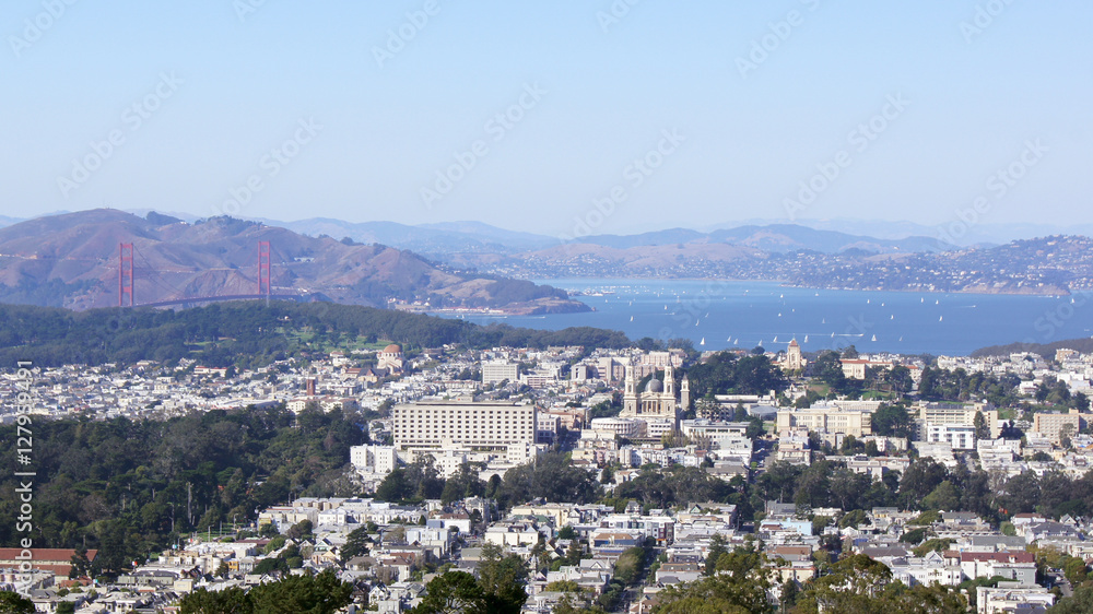 SAN FRANCISCO, USA - OCTOBER 4th, 2014: Golden Gate Bridge with SF city in the background, seen from Twin Peaks.