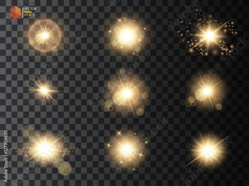 Golden glitter bokeh lights and sparkles. Shining star, sun particles and sparks with lens flare effect on transparent background