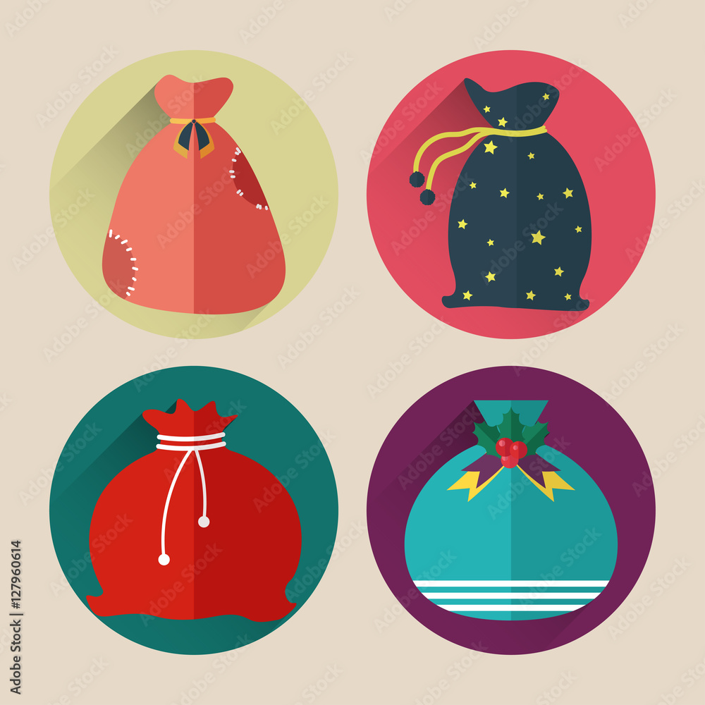 christmas santa claus bag icon pack. flat design style with long shadow.