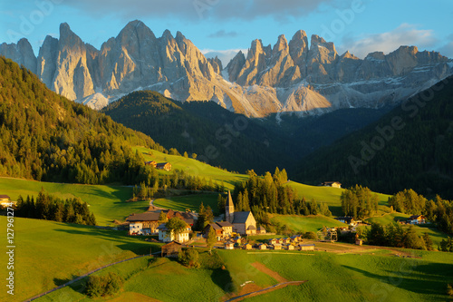 Santa Maddalena village in front of the Geisler or Odle Dolomites Group , Val di Funes, Italy, Europe.