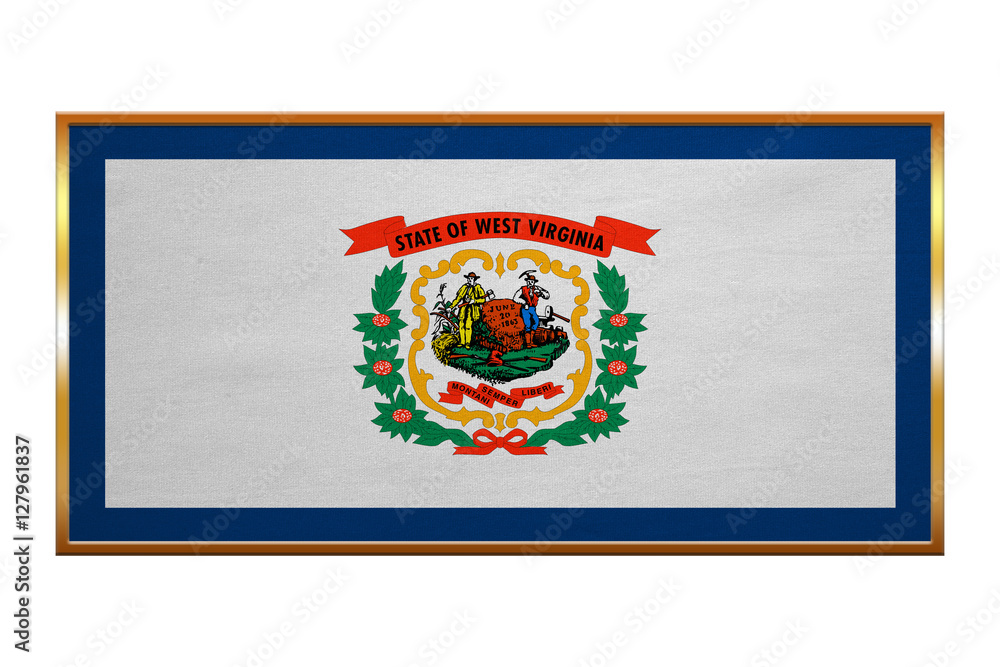 Flag of West Virginia, golden frame fabric texture Flag of West Virginia, golden frame fabric texture