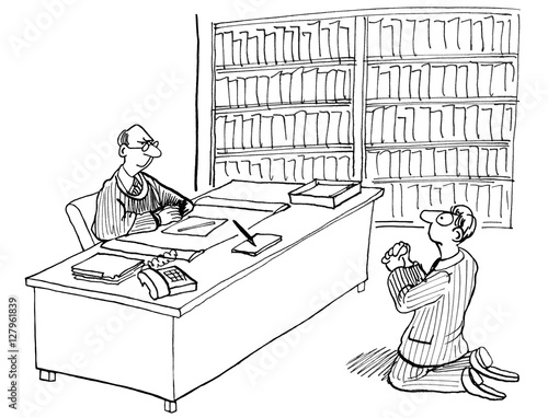 Black and white legal illustration of a lawyer begging in front of the judge. 