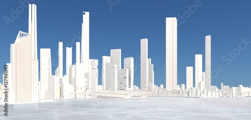 3d generic city with frozen  lake and blue sky