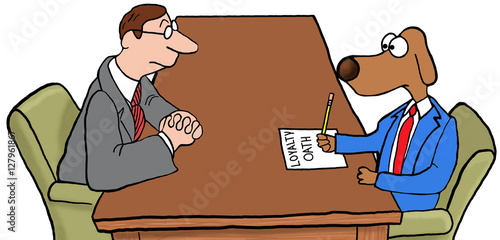 Color illustration of a new employee signing a loyalty oath. photo