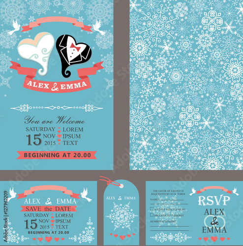 Wedding invitation.Heart couple.Winter set