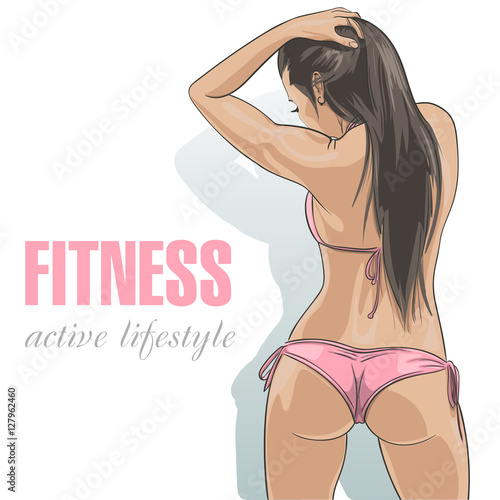 Attractive caucasian fitness girl in sexy pink swimsuit. Vector illustration