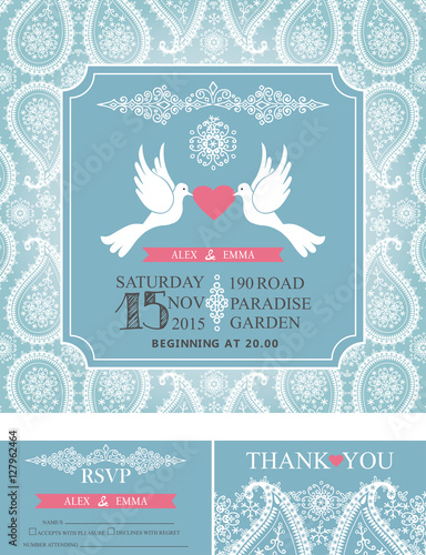 Wedding  invitations.Winter paisley pattern,pigeons