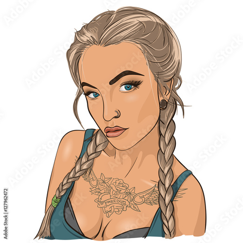 Beautiful tattooed woman with blue eyes. Vector Illustration