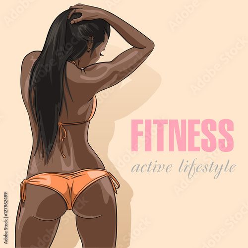 Close up of a woman's body from behind. african american woman in sexy orange swimsuit. Vector illustration