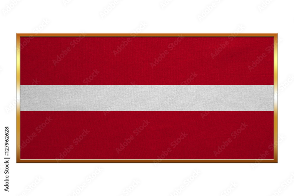 Flag of Latvia , golden frame, fabric texture Flag of Latvia , golden frame, fabric texture